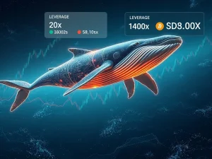A digital whale investing heavily in Bitcoin and Solana on HyperLiquid, symbolizing a major leveraged crypto trade.