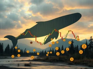 A dramatic Bitcoin price drop chart with a large whale silhouette, symbolizing the $3.5B Bitcoin selloff and market turbulence.