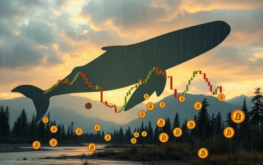 A dramatic Bitcoin price drop chart with a large whale silhouette, symbolizing the $3.5B Bitcoin selloff and market turbulence.