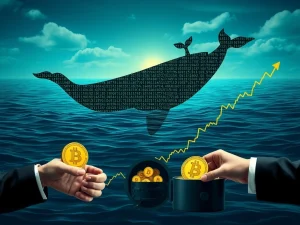 A large digital whale made of Bitcoin symbols diving into a volatile market, symbolizing a Bitcoin whale sale impacting institutional Bitcoin adoption.
