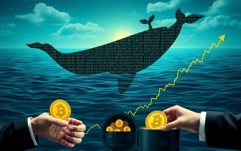 A large digital whale made of Bitcoin symbols diving into a volatile market, symbolizing a Bitcoin whale sale impacting institutional Bitcoin adoption.