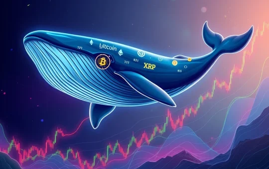 A large digital whale impacting a volatile Bitcoin price prediction chart, symbolizing crypto whale activity and market uncertainty.