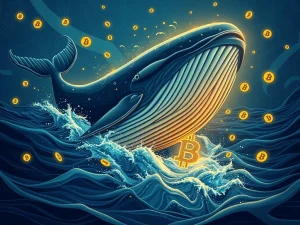 Bitcoin whale emerging from blockchain ocean with transaction lines