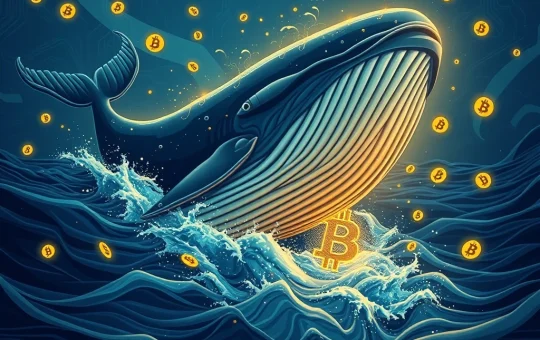 Bitcoin whale emerging from blockchain ocean with transaction lines