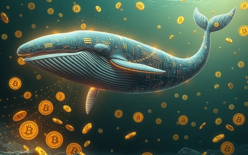 A digital whale moving a large sum of Bitcoin, illustrating a significant Bitcoin whale transaction and its market impact.
