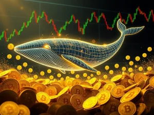A digital whale made of code and light, representing a Bitcoin whale, swimming through a vast ocean of Bitcoin symbols, illustrating a monumental BTC transfer after long-term holding.