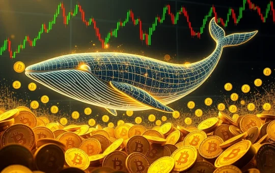 A digital whale made of code and light, representing a Bitcoin whale, swimming through a vast ocean of Bitcoin symbols, illustrating a monumental BTC transfer after long-term holding.