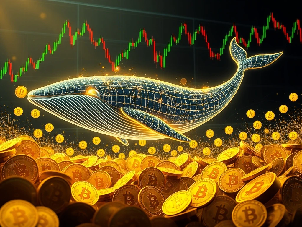 A digital whale made of code and light, representing a Bitcoin whale, swimming through a vast ocean of Bitcoin symbols, illustrating a monumental BTC transfer after long-term holding.