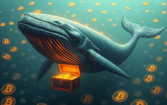 A digital whale surfacing from the depths, surrounded by Bitcoin symbols, representing the massive crypto gains of a Bitcoin whale.