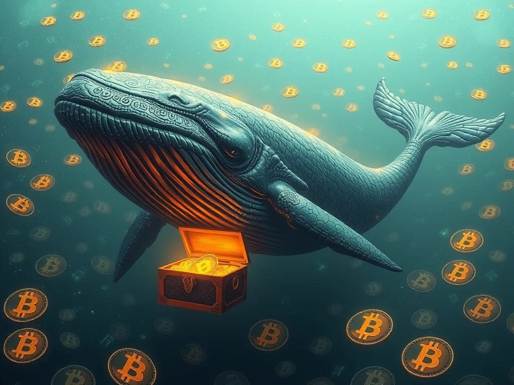 A digital whale surfacing from the depths, surrounded by Bitcoin symbols, representing the massive crypto gains of a Bitcoin whale.