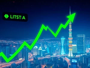 A visual representation of the Bithumb listing impact, showing rising crypto prices and market excitement in South Korea.
