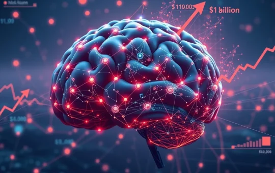 Illustration of Bittensor's subnet market growth, showing decentralized AI nodes connecting with financial symbols.