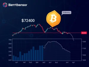 A chart showing Bittensor TAO's price consolidating around $412 with declining crypto trading volume, indicating market indecision.