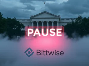 A dramatic pause symbol over a crypto ETF chart in front of the SEC building, illustrating the halted Bitwise spot ETF conversion.
