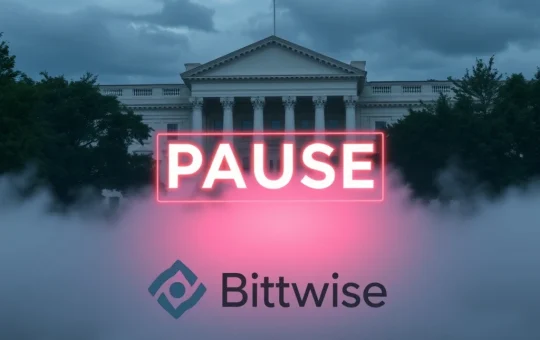 A dramatic pause symbol over a crypto ETF chart in front of the SEC building, illustrating the halted Bitwise spot ETF conversion.