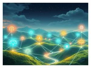 A visual representation of how blockchain technology and AI integration are transforming the 2025 global economy with efficient systems.