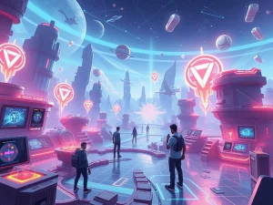 Blockchain gaming ecosystem showing players and digital assets in a futuristic setting