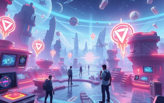 Blockchain gaming ecosystem showing players and digital assets in a futuristic setting