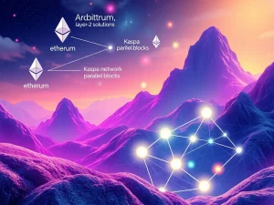 A visual representation of interconnected blockchain networks, symbolizing the expansion and innovation of blockchain infrastructure driven by Arbitrum, Kaspa, and BlockDAG.