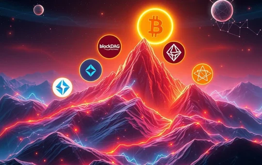 Visualizing the powerful BlockDAG-led altcoin rally, showcasing digital representations of Sui, Stellar, and Polygon tokens soaring upwards on a growth chart.