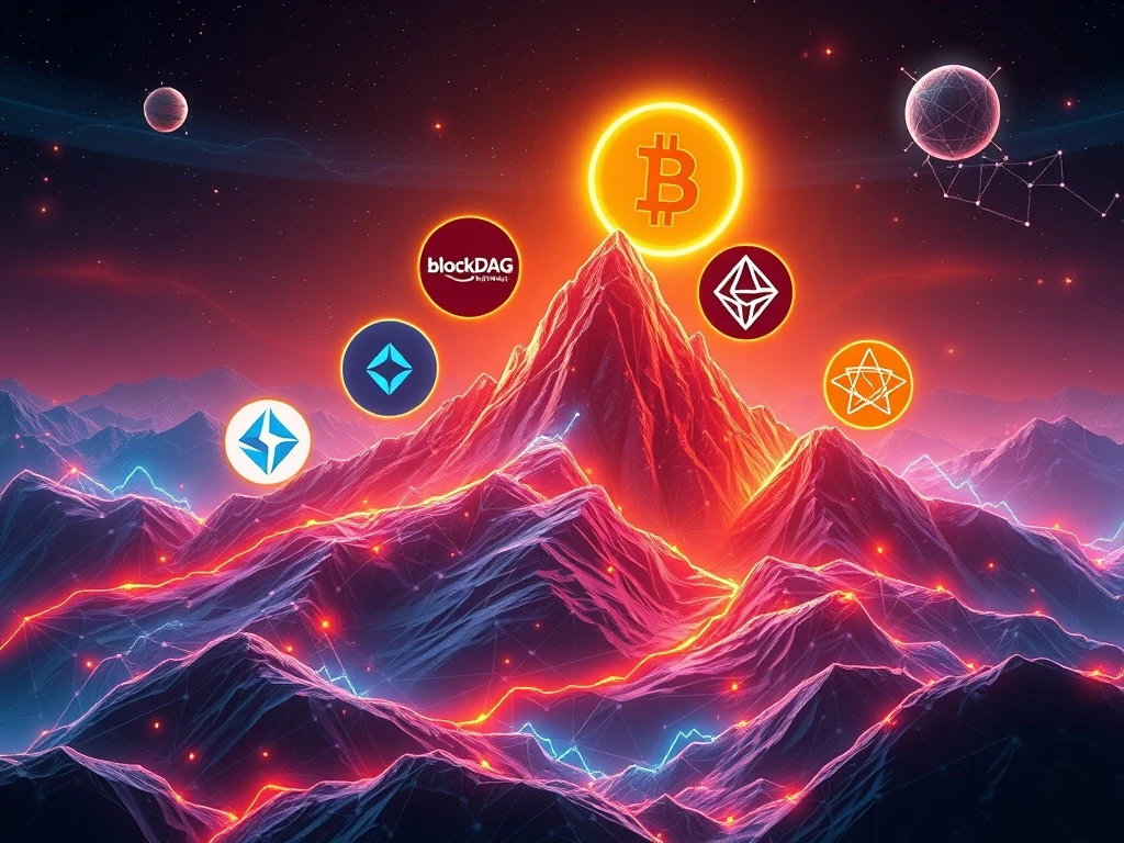 Visualizing the powerful BlockDAG-led altcoin rally, showcasing digital representations of Sui, Stellar, and Polygon tokens soaring upwards on a growth chart.
