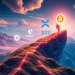 Digital representations of BlockDAG, Solana, XRP, and BONK cryptocurrencies soaring, symbolizing their potential as Crypto Leaders 2025.