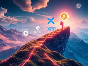 Digital representations of BlockDAG, Solana, XRP, and BONK cryptocurrencies soaring, symbolizing their potential as Crypto Leaders 2025.