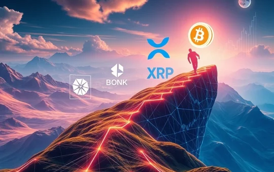 Digital representations of BlockDAG, Solana, XRP, and BONK cryptocurrencies soaring, symbolizing their potential as Crypto Leaders 2025.