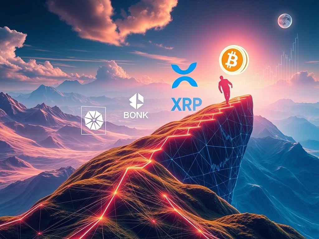 Digital representations of BlockDAG, Solana, XRP, and BONK cryptocurrencies soaring, symbolizing their potential as Crypto Leaders 2025.