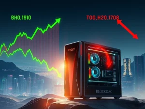 A visual representation of the crypto market, showing NEAR Protocol's rise, Shiba Inu's fall, and BlockDAG's mining success, highlighting crypto market volatility.