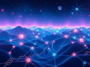 A vibrant digital network illustrating BlockDAG's flourishing developer ecosystem, driving impressive cryptocurrency returns and utility.