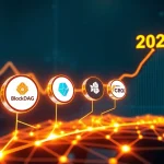 Digital currencies BlockDAG, Kaspa, BONK, and CRO surging on a futuristic blockchain network, symbolizing the 2025 crypto surge and technological advancements.