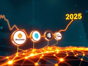 Digital currencies BlockDAG, Kaspa, BONK, and CRO surging on a futuristic blockchain network, symbolizing the 2025 crypto surge and technological advancements.