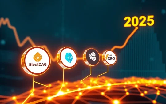 Digital currencies BlockDAG, Kaspa, BONK, and CRO surging on a futuristic blockchain network, symbolizing the 2025 crypto surge and technological advancements.