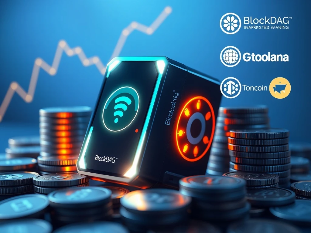 BlockDAG X1-X10 miner boosting daily crypto earnings, contrasting with Solana and Toncoin's market challenges.