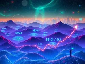 A visual representation of BlockDAG's ecosystem expansion, with 4,500 builders contributing to DeFi projects, set against a backdrop of TAO and SUI price charts indicating speculative gains in the crypto market.