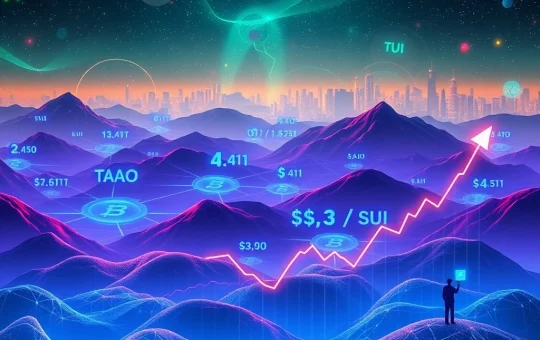 A visual representation of BlockDAG's ecosystem expansion, with 4,500 builders contributing to DeFi projects, set against a backdrop of TAO and SUI price charts indicating speculative gains in the crypto market.