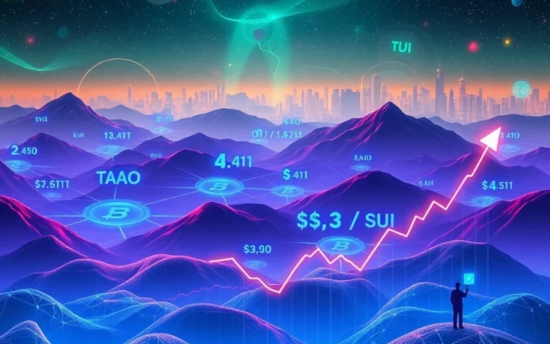 A visual representation of BlockDAG's ecosystem expansion, with 4,500 builders contributing to DeFi projects, set against a backdrop of TAO and SUI price charts indicating speculative gains in the crypto market.