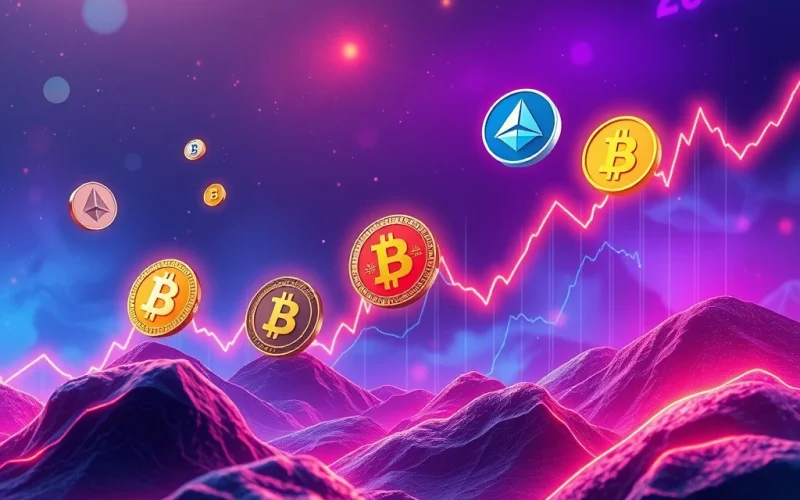 A dynamic crypto market chart showing BlockDAG Presale's rapid growth, Dogecoin's surge, and Stellar XLM's decline.