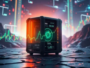 BlockDAG X10 miner operating with glowing circuits, juxtaposed against charts showing Solana price and Toncoin analysis, symbolizing crypto market trends.