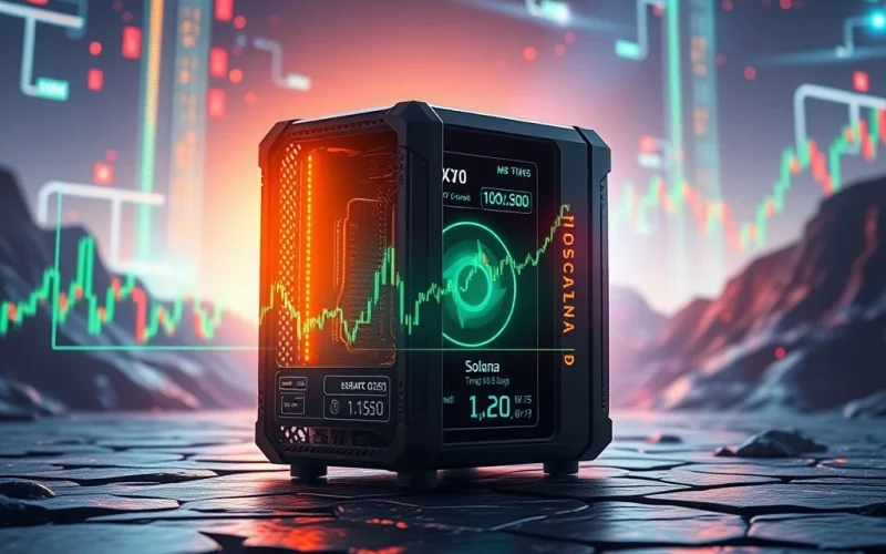 BlockDAG X10 miner operating with glowing circuits, juxtaposed against charts showing Solana price and Toncoin analysis, symbolizing crypto market trends.