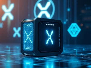 A sleek BlockDAG mining device prominently displayed, symbolizing its disruptive impact on the crypto market, surpassing XRP and AVAX.