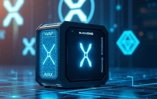 A sleek BlockDAG mining device prominently displayed, symbolizing its disruptive impact on the crypto market, surpassing XRP and AVAX.
