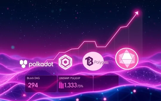 A visual representation of the BlockDAG presale's impressive growth, alongside the surging performance of Polkadot, Uniswap, and Polygon, highlighting a strong altcoin market rally.