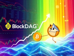 Visualizing BlockDAG presale's explosive growth, Dogecoin News momentum, and Stellar XLM's recent dip in the crypto market.