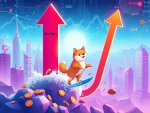 A dynamic visual representing the BlockDAG presale's success, Dogecoin's surge, and Stellar XLM's recent market performance, highlighting altcoin market trends.