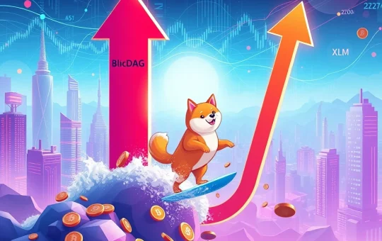 A dynamic visual representing the BlockDAG presale's success, Dogecoin's surge, and Stellar XLM's recent market performance, highlighting altcoin market trends.