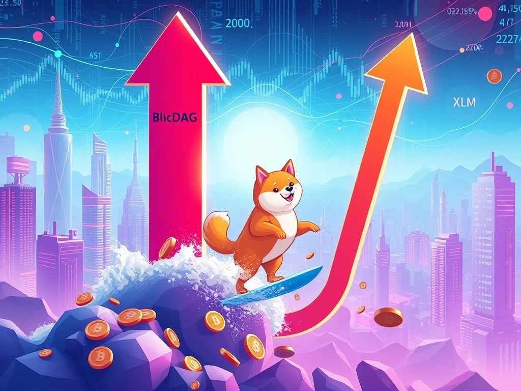 A dynamic visual representing the BlockDAG presale's success, Dogecoin's surge, and Stellar XLM's recent market performance, highlighting altcoin market trends.