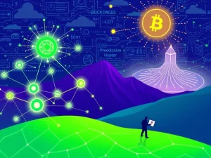 BlockDAG's rapid growth, showing a vibrant blockchain ecosystem with developers and financial charts, contrasting with a speculative Bitcoin Hyper.