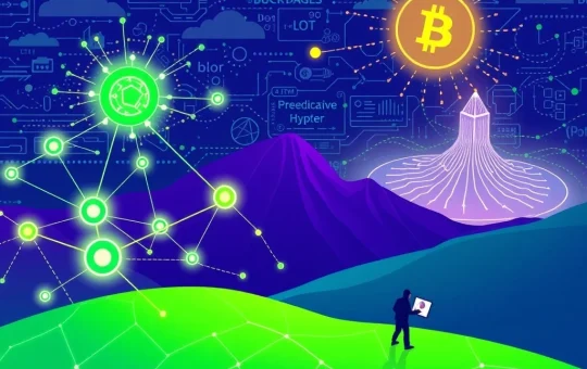 BlockDAG's rapid growth, showing a vibrant blockchain ecosystem with developers and financial charts, contrasting with a speculative Bitcoin Hyper.